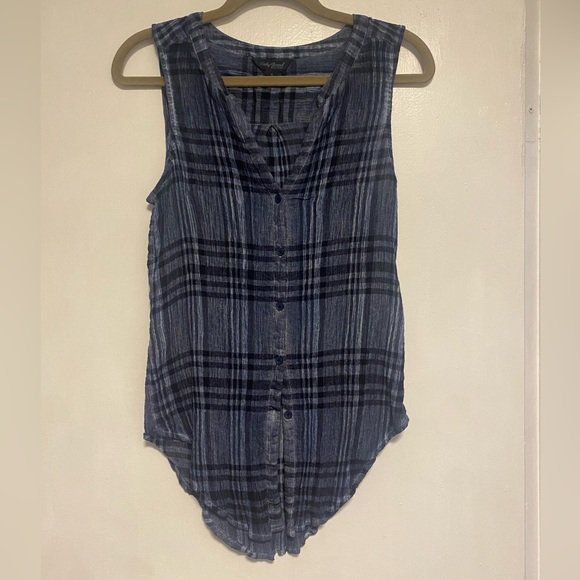 LUCKY BRAND Sleeveless Blue & Black Plaid Tie front top Size S Lightweight - Picture 2 of 5
